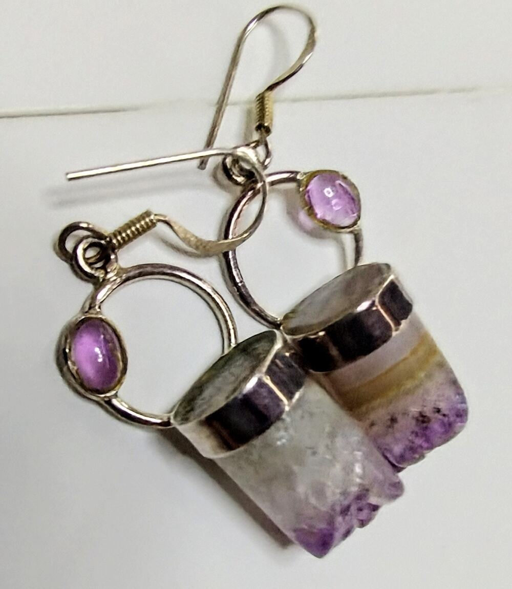 Natural Amethyst Gem & Raw Banded Druzy Quartz Pillar Sterling Silver Earrings